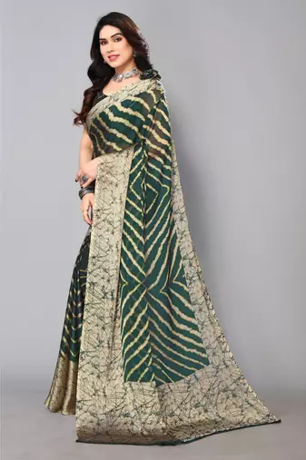 Bottale Green   Printed Chevron Chiffon Saree With Blouse Piece