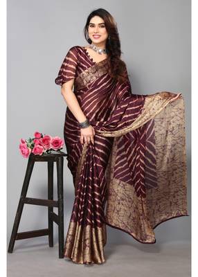 Wine Printed Chevron Chiffon Saree With Blouse Piece 1