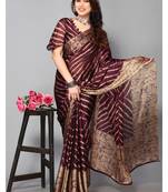 Wine Printed Chevron Chiffon Saree With Blouse Piece