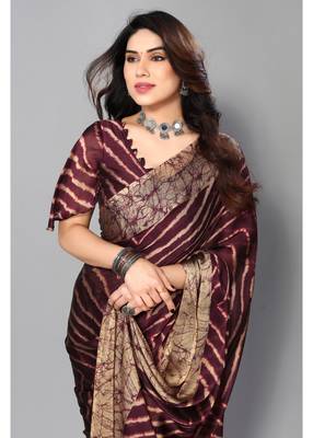 Wine Printed Chevron Chiffon Saree With Blouse Piece 2