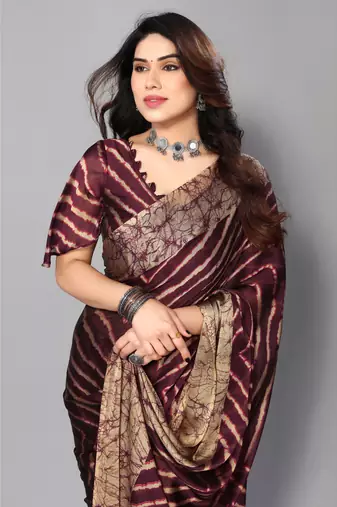 Wine Printed Chevron Chiffon Saree With Blouse Piece