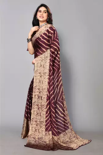 Wine Printed Chevron Chiffon Saree With Blouse Piece