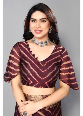 Wine Printed Chevron Chiffon Saree With Blouse Piece 4