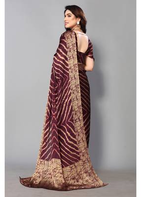 Wine Printed Chevron Chiffon Saree With Blouse Piece 5