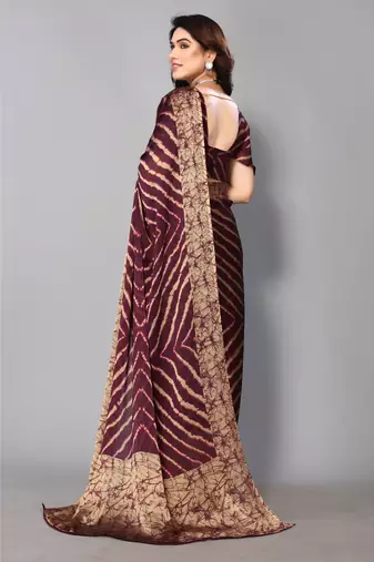 Wine Printed Chevron Chiffon Saree With Blouse Piece