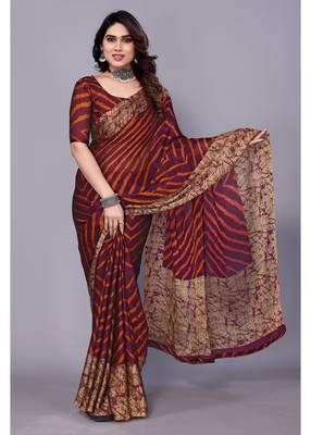 Orange Purple   Printed Chevron Chiffon Saree With Blouse Piece 1