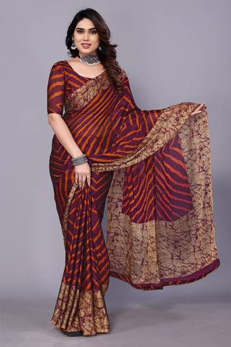 Orange Purple   Printed Chevron Chiffon Saree With Blouse Piece