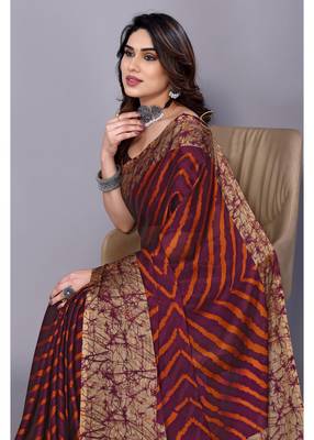 Orange Purple   Printed Chevron Chiffon Saree With Blouse Piece 2