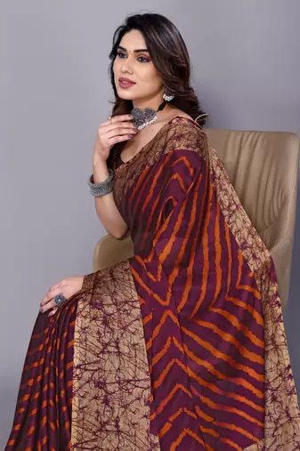 Orange Purple   Printed Chevron Chiffon Saree With Blouse Piece