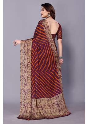 Orange Purple   Printed Chevron Chiffon Saree With Blouse Piece 3