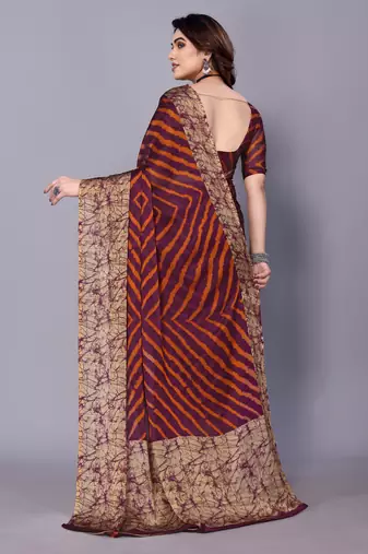 Orange Purple   Printed Chevron Chiffon Saree With Blouse Piece