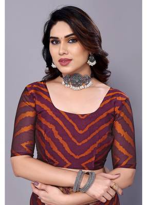 Orange Purple   Printed Chevron Chiffon Saree With Blouse Piece 4