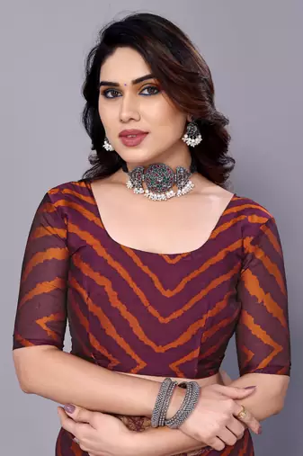 Orange Purple   Printed Chevron Chiffon Saree With Blouse Piece