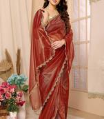 Rust Embellished Net Saree With Blouse Piece