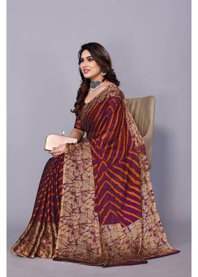Orange Purple   Printed Chevron Chiffon Saree With Blouse Piece 5