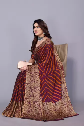 Orange Purple   Printed Chevron Chiffon Saree With Blouse Piece