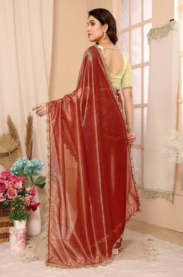 Rust Embellished Net Saree With Blouse Piece 2