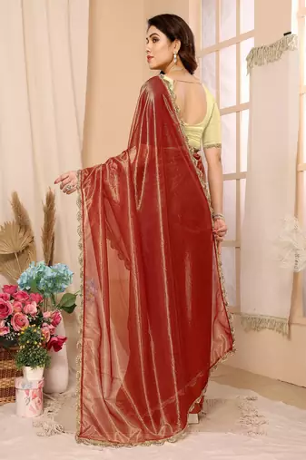 Rust Embellished Net Saree With Blouse Piece