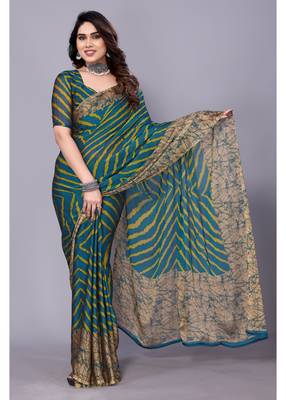 Lemon  Yellow  Printed Chevron Chiffon Saree With Blouse Piece 1