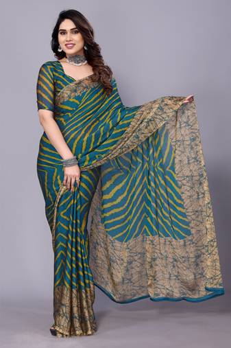 Lemon  Yellow  Printed Chevron Chiffon Saree With Blouse Piece
