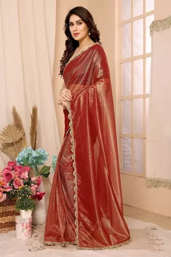 Rust Embellished Net Saree With Blouse Piece
