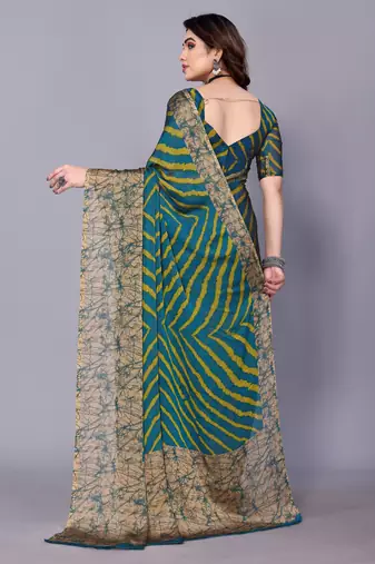 Lemon  Yellow  Printed Chevron Chiffon Saree With Blouse Piece