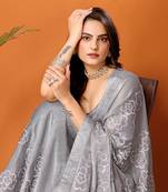Grey Self Design Chiffon Saree With Blouse Piece