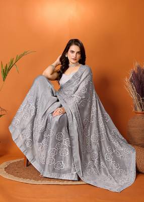 Grey Self Design Chiffon Saree With Blouse Piece 2