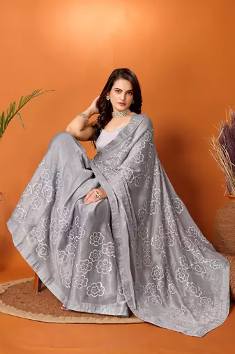 Grey Self Design Chiffon Saree With Blouse Piece