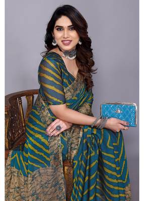 Lemon  Yellow  Printed Chevron Chiffon Saree With Blouse Piece 4