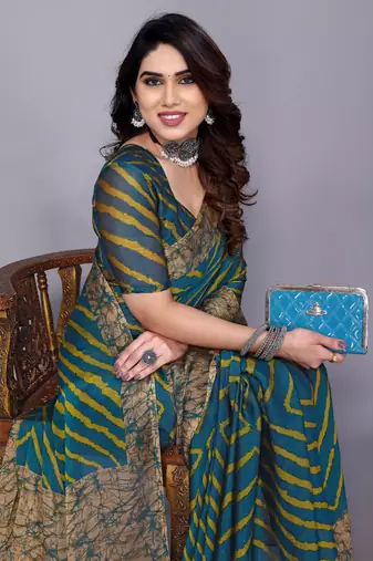 Lemon  Yellow  Printed Chevron Chiffon Saree With Blouse Piece