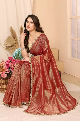 Rust Embellished Net Saree With Blouse Piece