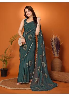 Green Embellished Tissue Saree With Blouse Piece 1