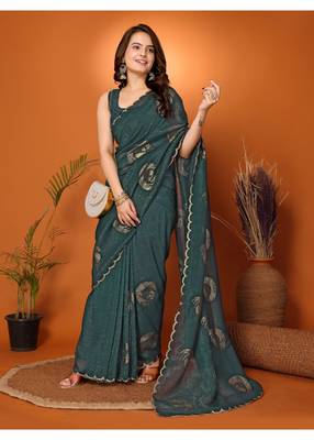Green Embellished Tissue Saree With Blouse Piece 2