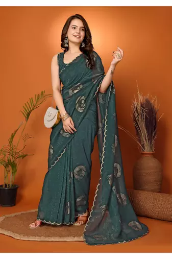Green Embellished Tissue Saree With Blouse Piece