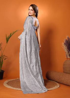 Grey Self Design Chiffon Saree With Blouse Piece 4