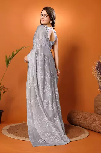 Grey Self Design Chiffon Saree With Blouse Piece