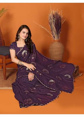 Purple Embellished Tissue Saree With Blouse Piece 1