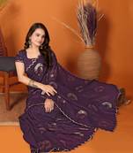 Purple Embellished Tissue Saree With Blouse Piece