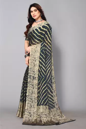 Morpeach   Printed Chevron Chiffon Saree With Blouse Piece