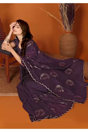 Purple Embellished Tissue Saree With Blouse Piece