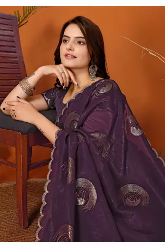 Purple Embellished Tissue Saree With Blouse Piece
