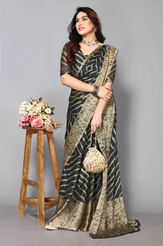 Morpeach   Printed Chevron Chiffon Saree With Blouse Piece
