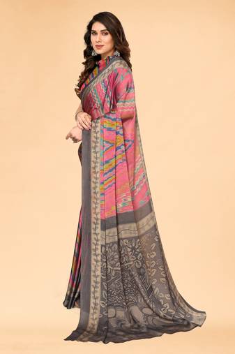 Pink Color Block::Printed Chiffon Saree With Blouse Piece