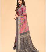 Pink Color Block::Printed Chiffon Saree With Blouse Piece