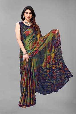 Green  Printed Forest Chiffon Saree With Blouse Piece 1