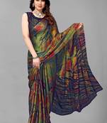 Green  Printed Forest Chiffon Saree With Blouse Piece