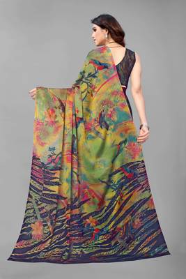 Green  Printed Forest Chiffon Saree With Blouse Piece 2