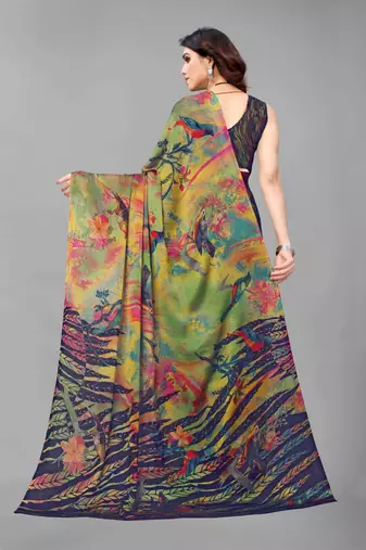Green  Printed Forest Chiffon Saree With Blouse Piece