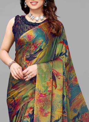 Green  Printed Forest Chiffon Saree With Blouse Piece 3